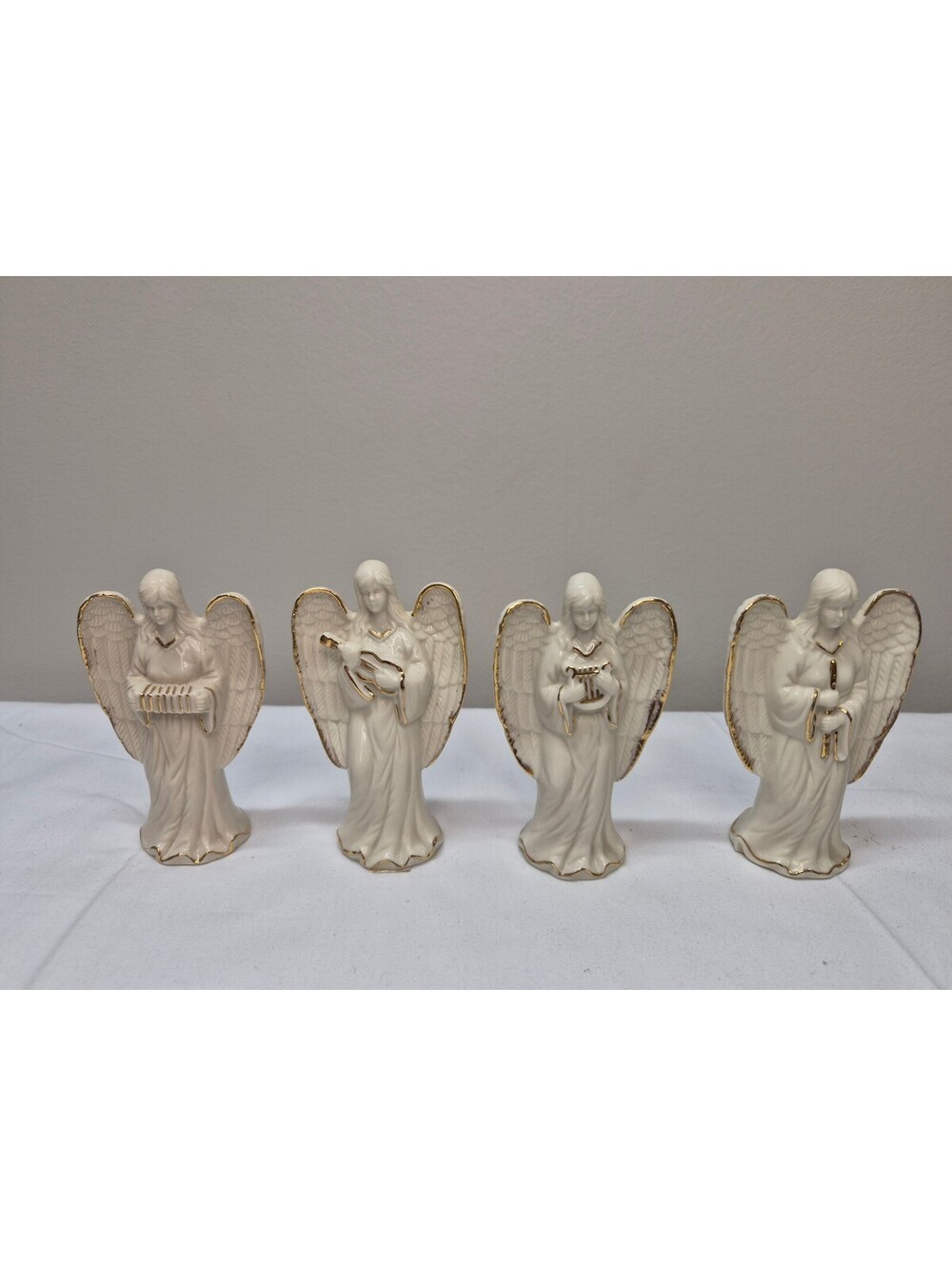 4 Vintage Crown Accents Ceramic Angel Figurines with Gold Trim w/Instruments J7
